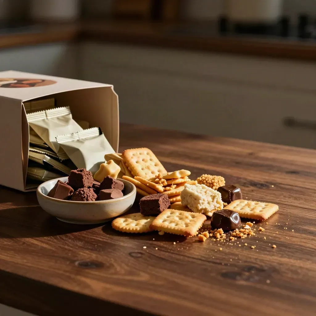 Wereldsnackbox met internationale snacks op donker hout, warm belicht.