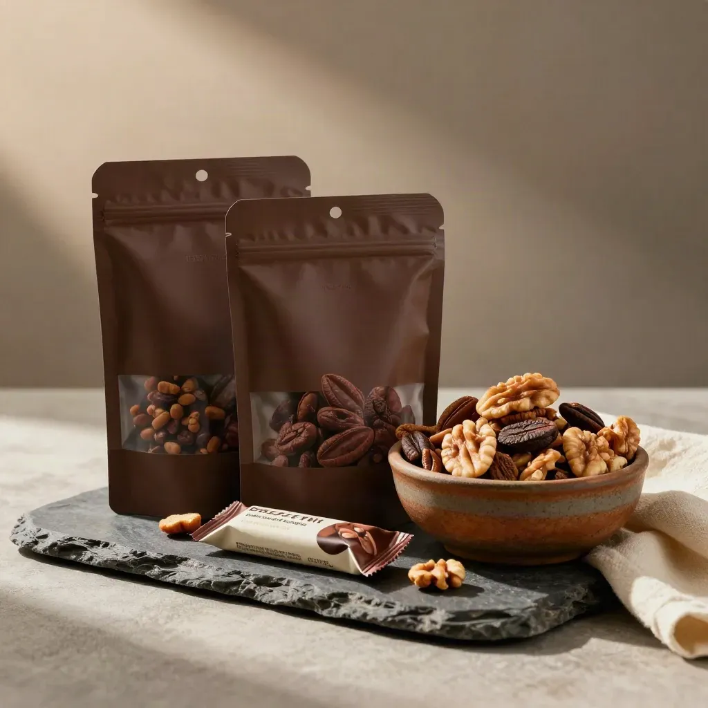 Snackbundel met onbedrukte zakken, repen en schaal op donkere steen, zacht licht van links.
